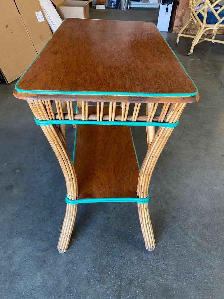 Restored Presidential Stick Reed Rattan TV Stand/Console Table w/ Mahogany Top