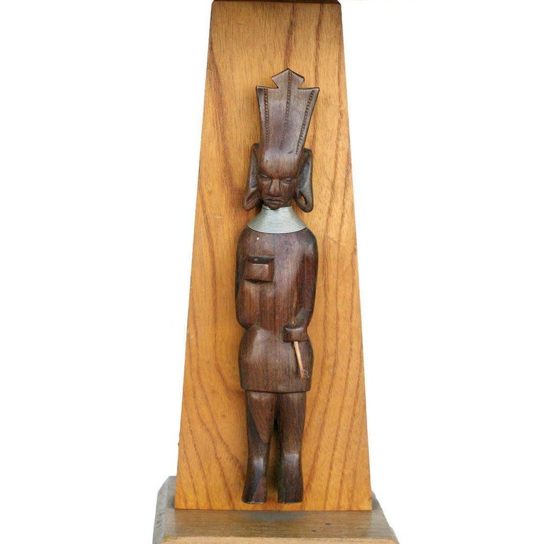 Mid-Century Table Lamps w/ African Hand Carved Kenyan Carvings Sculpture, Pair