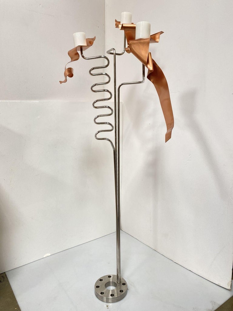 Machine Chrome & Copper 3 Arm Artist Signed Abstract Sculptural Candelabra