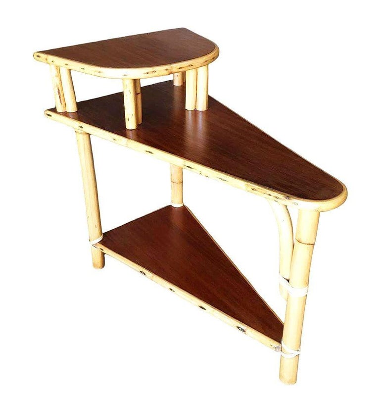 Restored Mid-century 3-Tier Wedge Side Lamp Table w/ Mahogany Tops