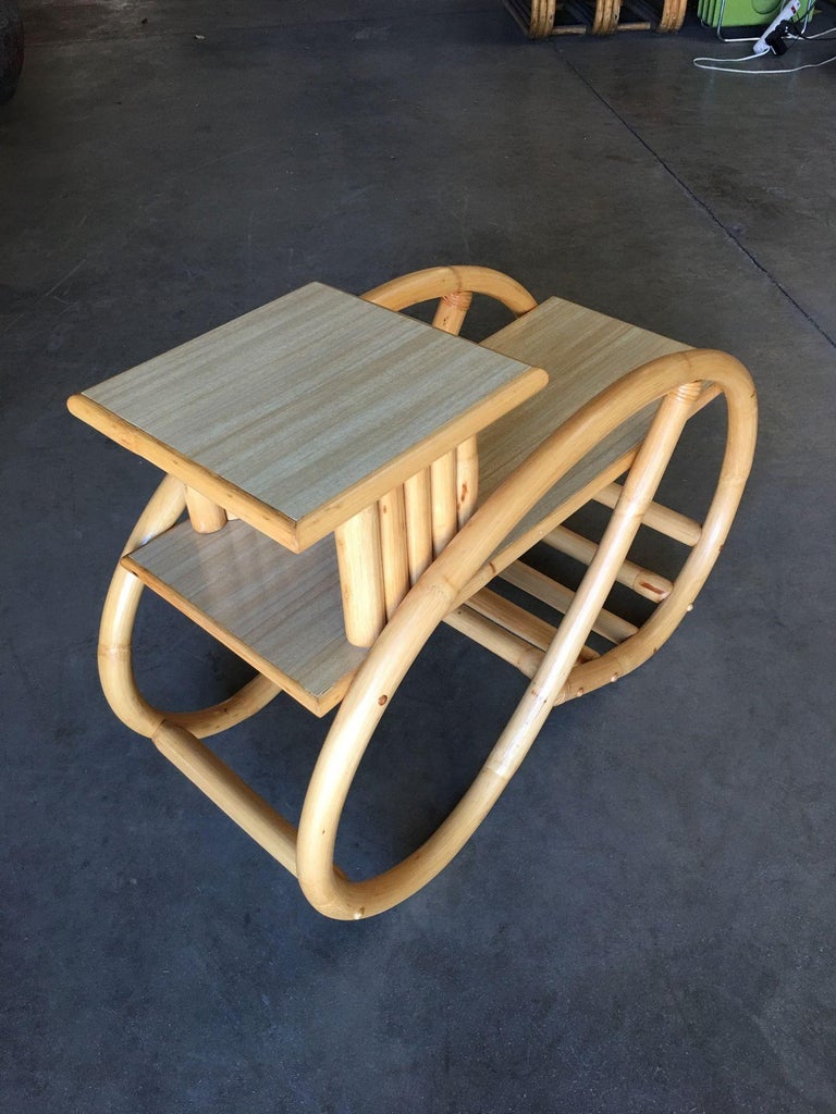 Restored 3/4 Round Pretzel Rattan Side Table with Two-Tier Formica Tops