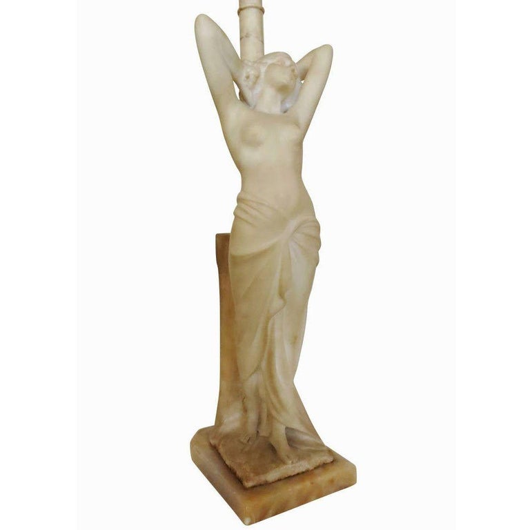 Edwardian Era Italian Carved Alabaster Nude Greco-Roman Female Figural Lamp