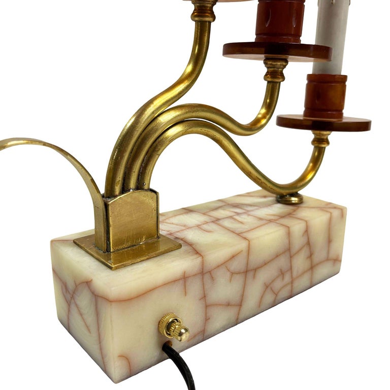 Hollywood Regency Three Candle Bakelite & Brass Table Lamp, Pair