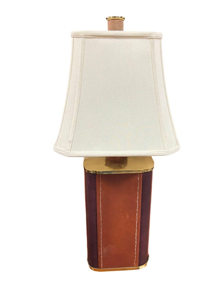 Two-Toned Square Leather Wrapped Table Lamp with Gold Trim