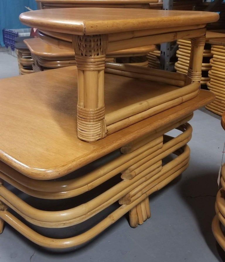Restored Ratan and Mahogany Two-Tiered Corner Table with Stacked Rattan Base