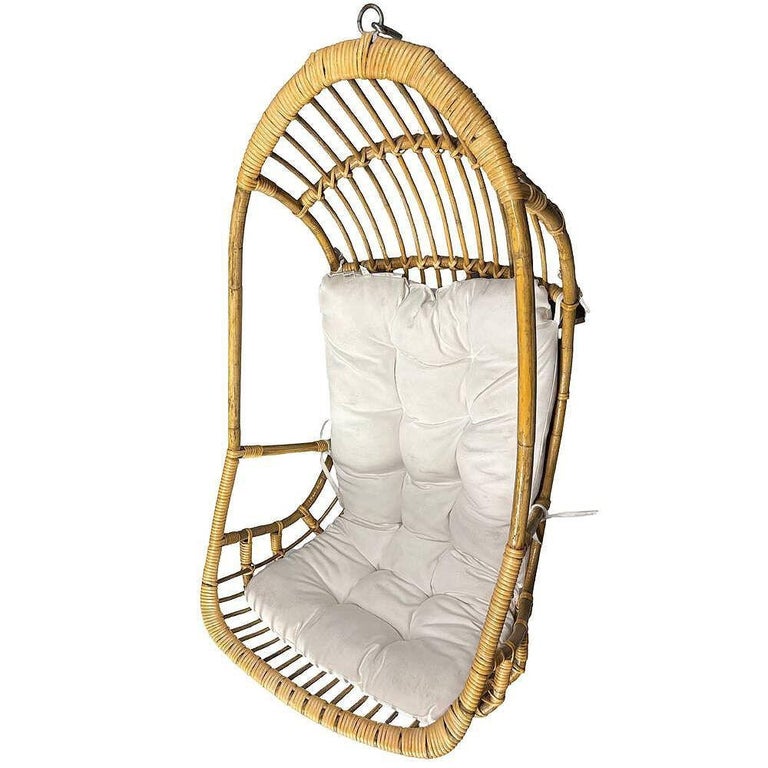 Restored Mid-century Rattan & Wicker Hanging Cocoon Egg Chair w/ Stand