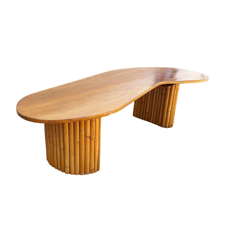 Restored Rare Mid-Century Rattan and Mahogany Asymmetric "J" Coffee Table