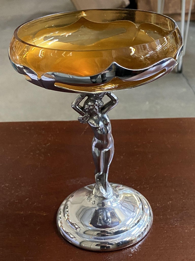 Chrome Farberware Nude Women Art Deco Compote w/ Amber Glass Cup