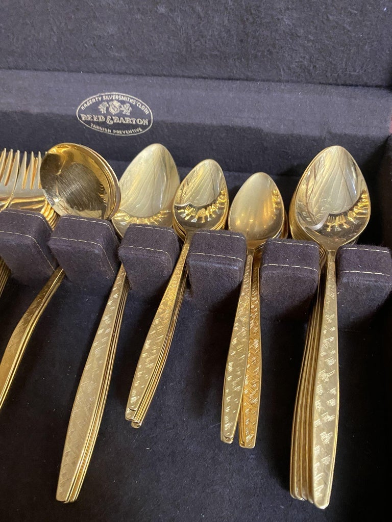 Modernist Pattern Gold Plated Stainless Flatware Set of 92 by 1847 Rogers Bros