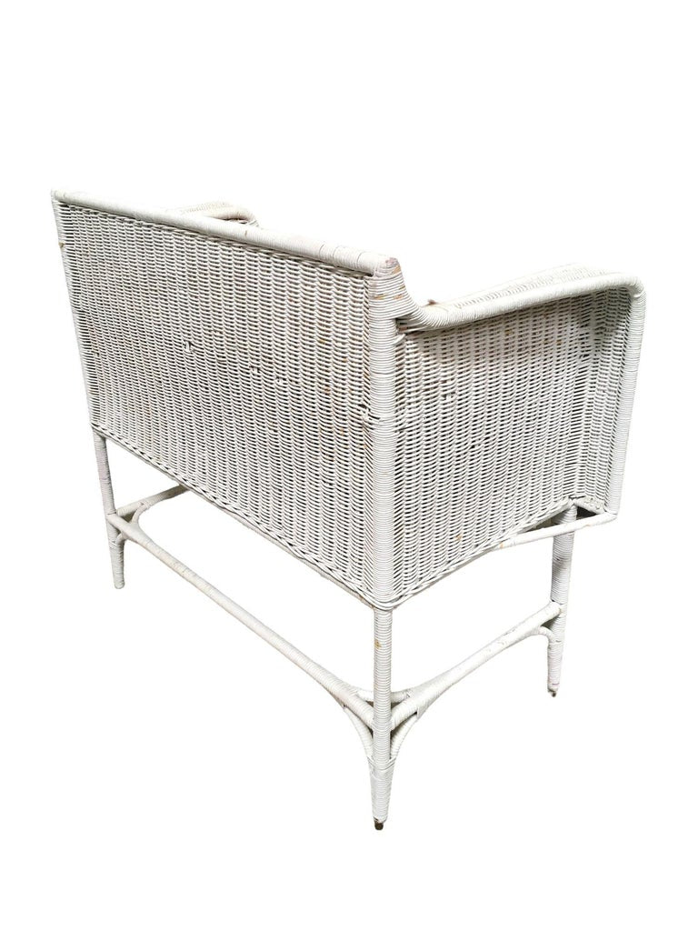 Shabby Chic White Wicker Mahogany Top Writing Secretary Desk w/ Chair