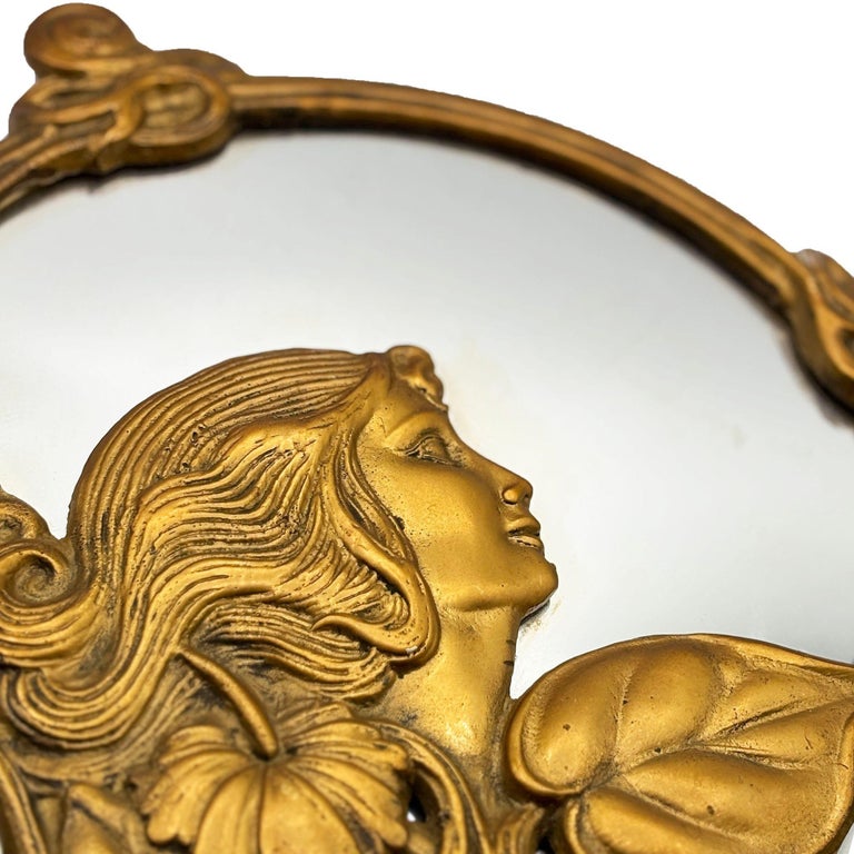 Cast Brass Art Nouveau Round Wall Mirror with Ivy Lady Portrait