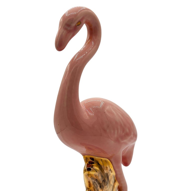 Mid-century Ceramic Fancy Bird Pink & Gold Flamingo Tabletop Statue