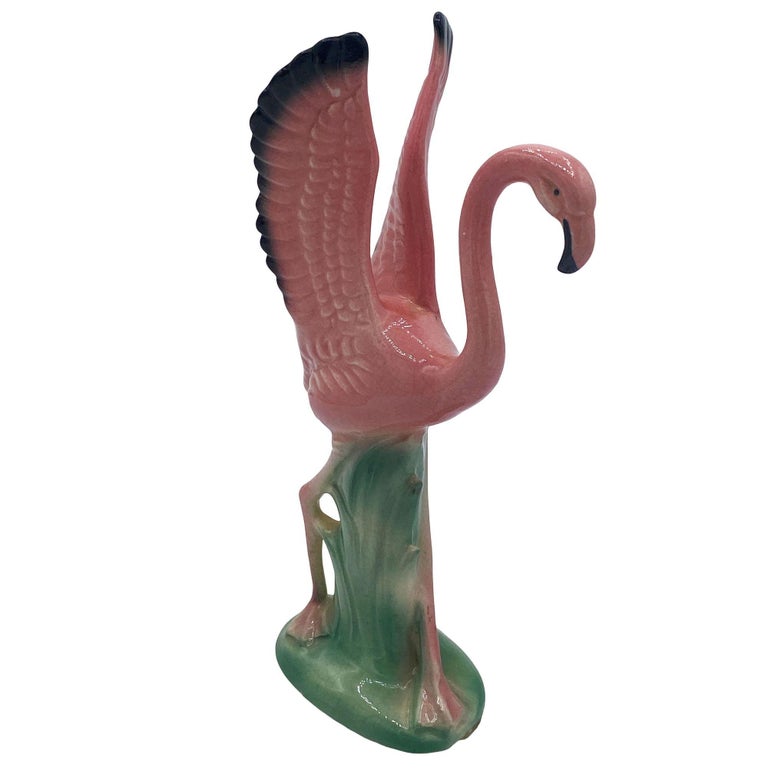 Mid-century Ceramic Mid Flight Pink Flamingo Tabletop Statue Set By Leftons