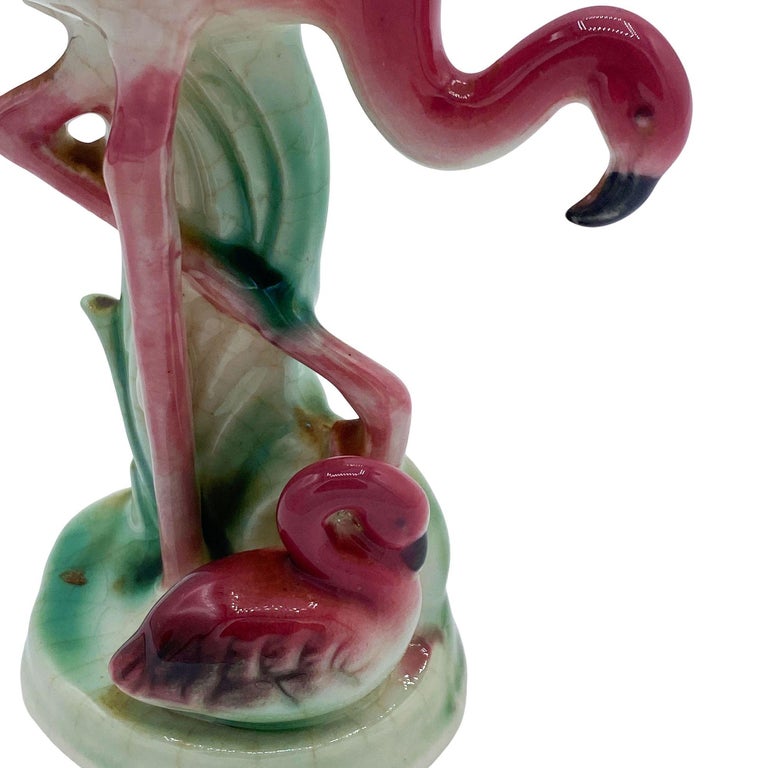 Mid-century Ceramic Miniature Pink Flamingo Tabletop Statue By Leftons