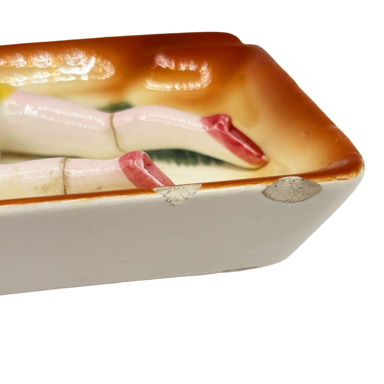 Mid-century Hand Painted 3D Women on Florida Beach Ceramic Ashtray