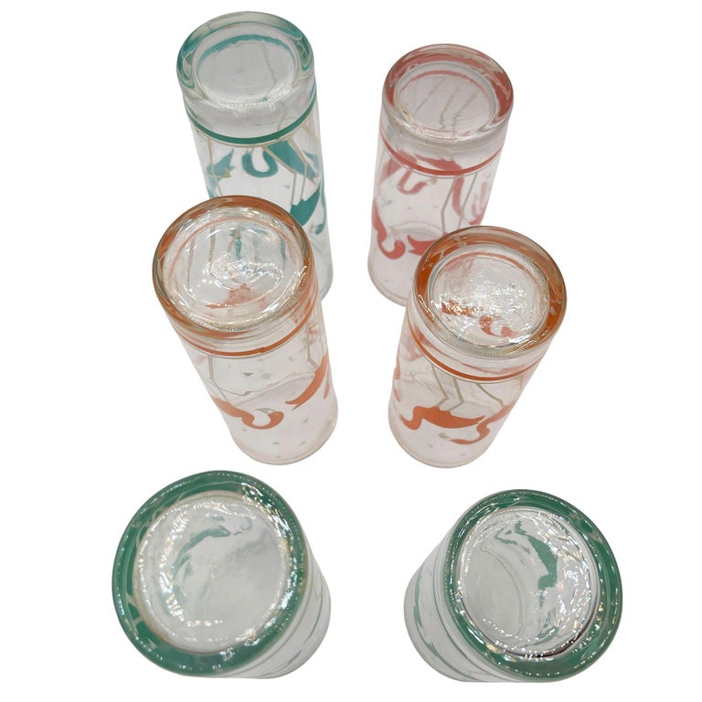 Mid-Century Pink Wire Frame Drinks Tray w/ Six Highball Flamingo Glasses