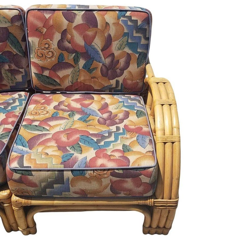 Restored Mid-century 3 Strand Rattan Spoke Half Moon Arm Corner Sectional Sofa