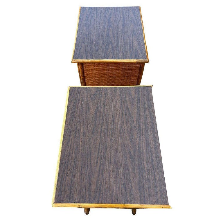 Restored James Mont Styles Rattan & Woven Wicker Bedside Table, Pair