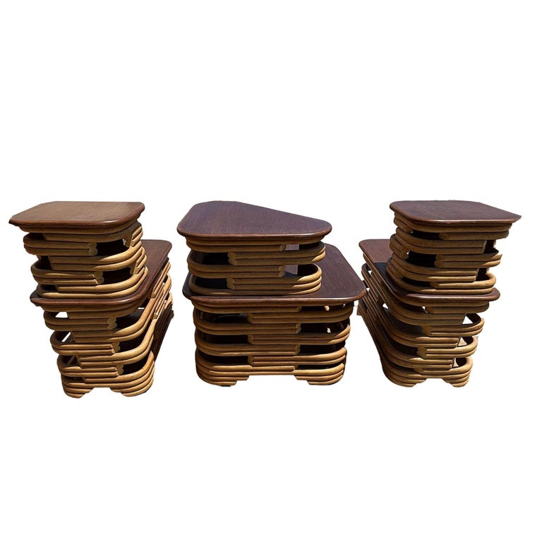 Mid-Century Two-Tier Stacked Rattan & Mahogany Coastal Side & Corner Table Set