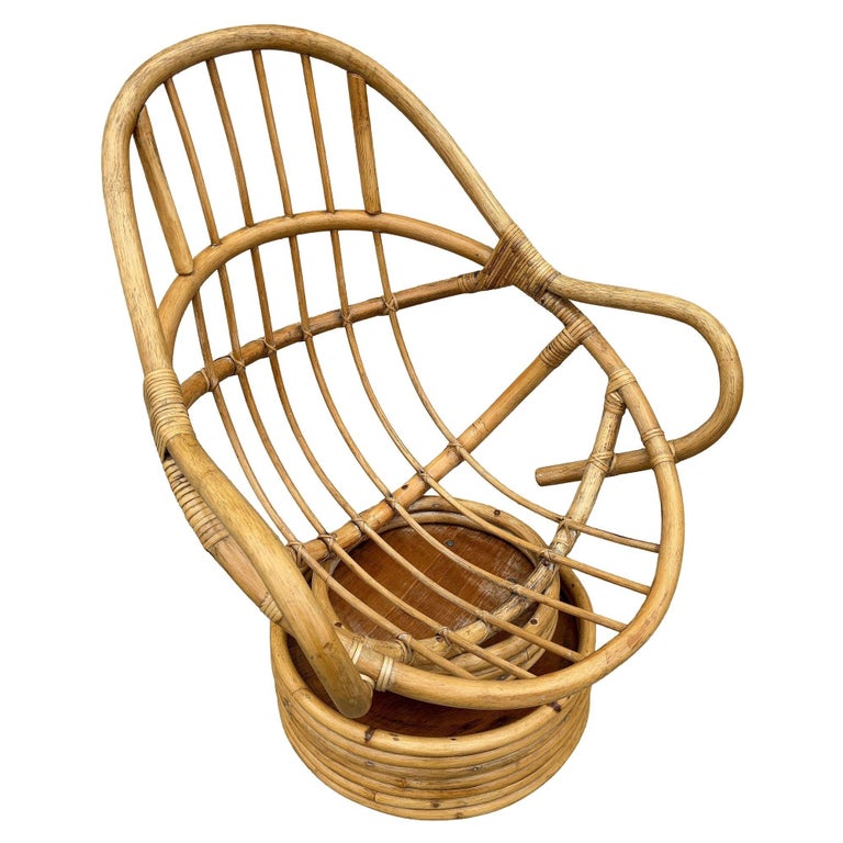 Restored Swivel Bucket Lounge Chair on Stacked Rattan Pedestal Base