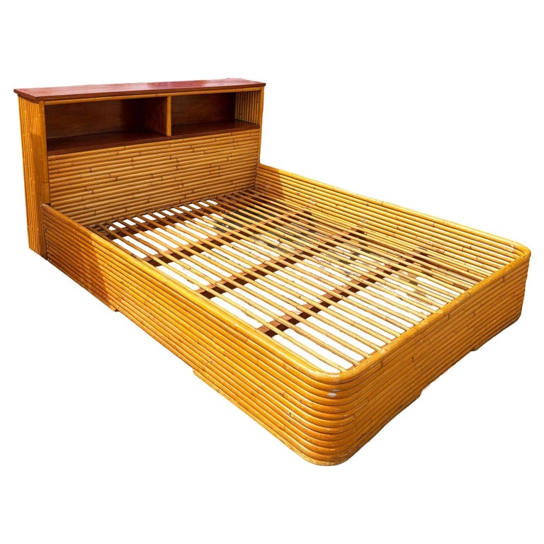 Restored Mid-century Queen Size 13-strand Stacked Rattan Bed Frame w/ Book Shelf