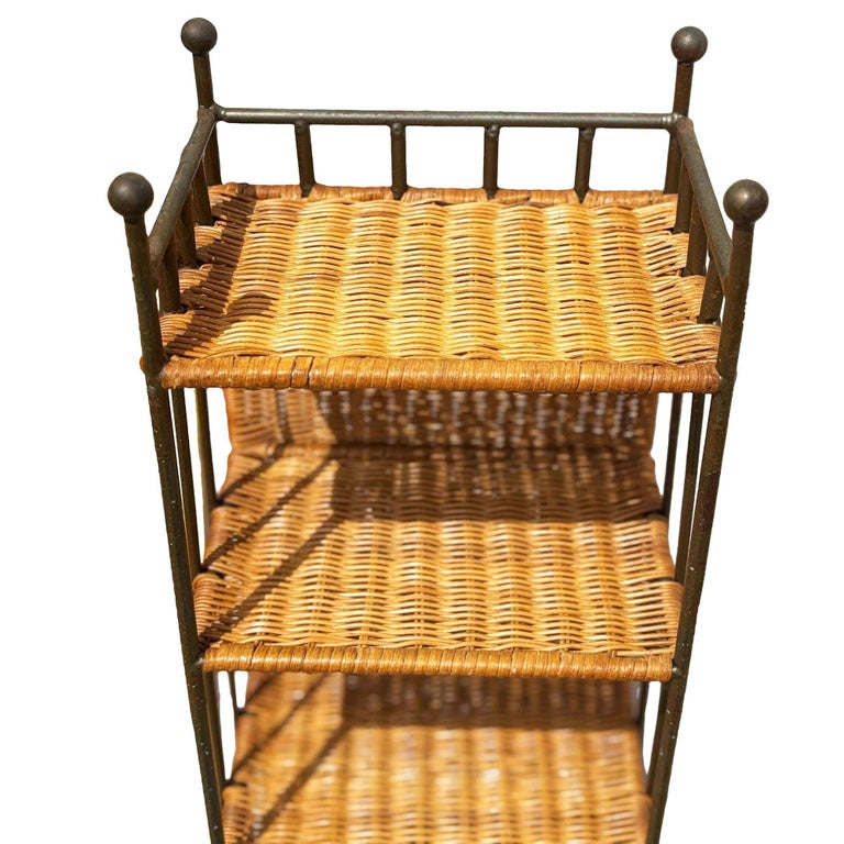 1990s Boho Wicker & Cast Iron Compact Disc CD Holder Towers, Pair