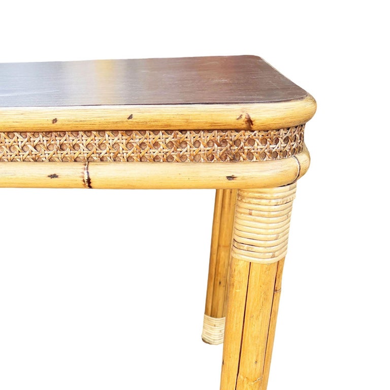 Restored 4-Strand Legs Rattan Dinette Dining Table w/ Formica Top & Wicker Sides