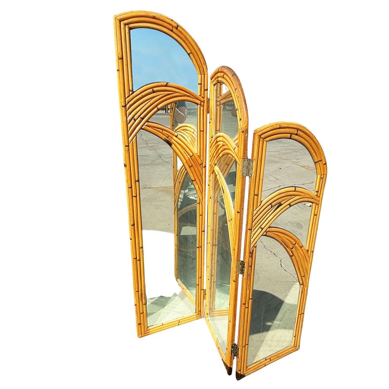 Restored 3-Panel Art Deco Palm Frond Design Rattan Mirror Folding Screen