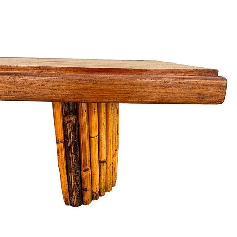 Mid-century Hand Carved Koa Wood Coffee Table w/ Stacked Rattan Legs