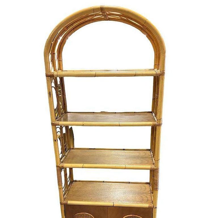 Mid-century Rattan Etagere Display Curio Cabinet w/ Mahogany Shelfs