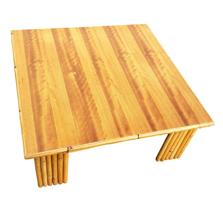 Restored Rattan & Koa Wood Square Coffee Table w/ Stacked Rattan Legs