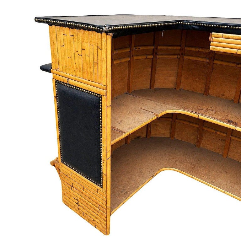 Restored Stacked Front Stacked L Shaped Rattan Bar w/ Nailhead Naugahyde Top