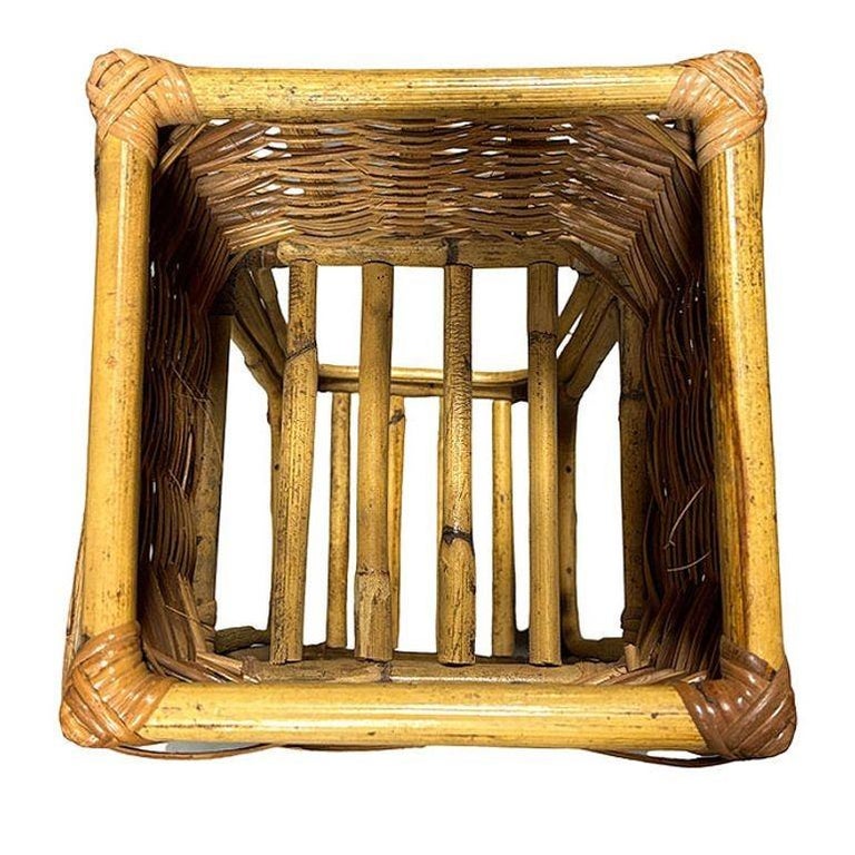 Mid Century Cubed Woven Rattan Pedestal Plant Stand