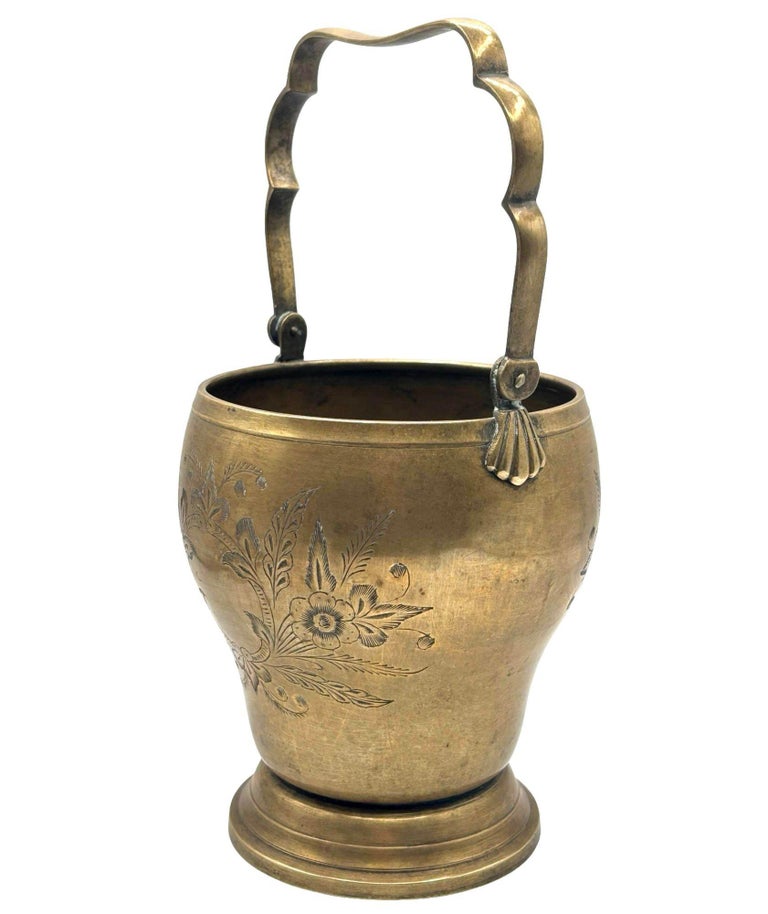 Late Victorian Hand Etched Floral Brass Ice Bucket w/ Whimsical Handle