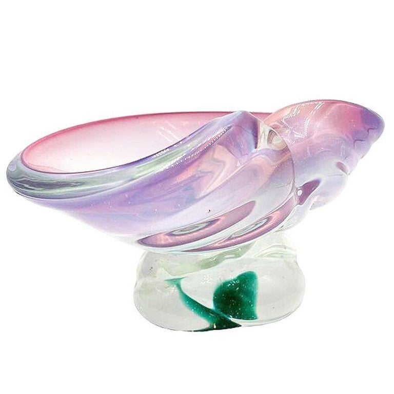 Mid-Century Murano Peacock Art Glass Pedestal Ashtray w/ Pink Pastel Swirl