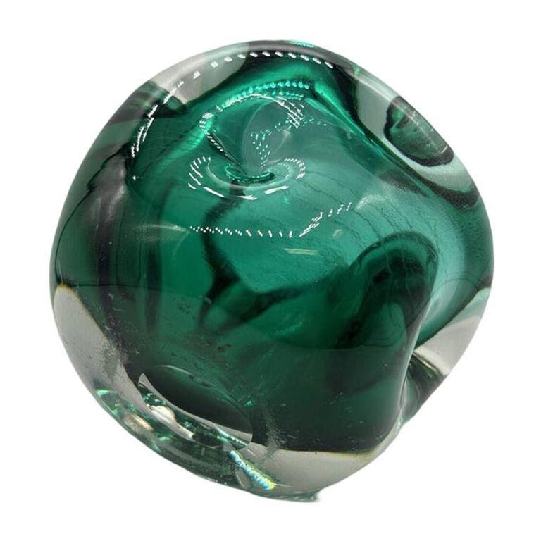 Hand Blown Emerald Green Murano Weighted Cased Art Glass Ashtray