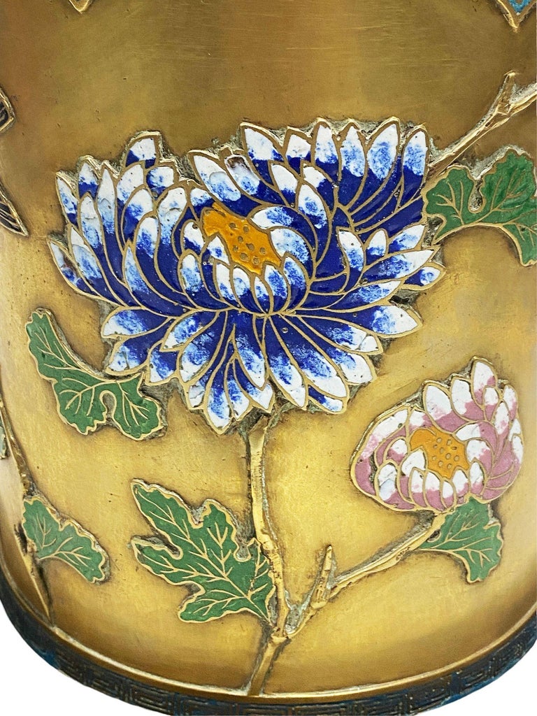 Chinese Floral Bronze Cloisonne Enamel Cylinder Vase w/ Wood Base