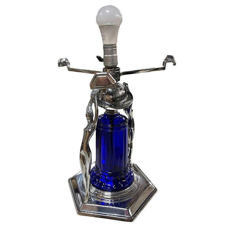 Frankart Era Art Deco Style Chrome & Cobalt Figural Lamp w/ Vivian Glass Shade
