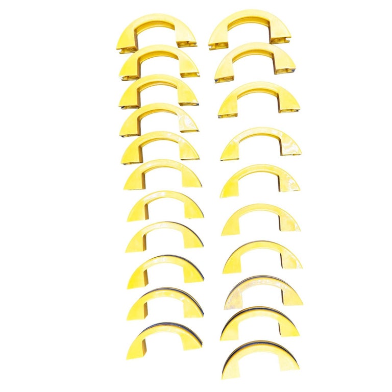 Unused Yellow Art Deco Bakelite Door/Drawer Pulls w/ Chrome Strip, Set of 21