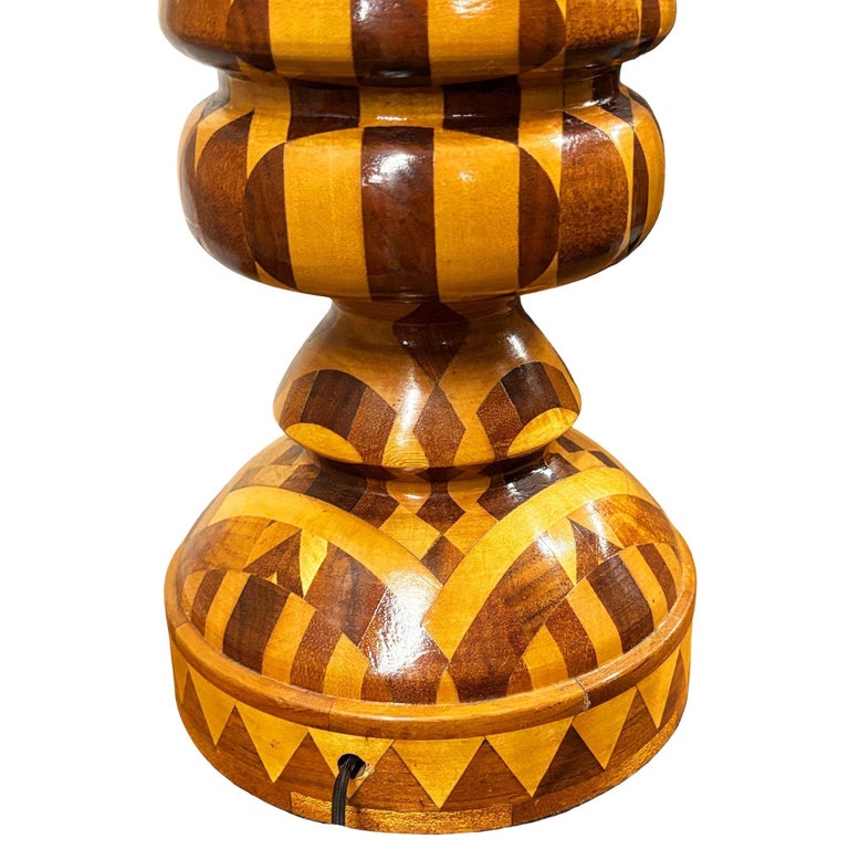 Mid-Century Hand Turned Segmented Marquetry Inlay Mosaic Table Lamp w/ Shade