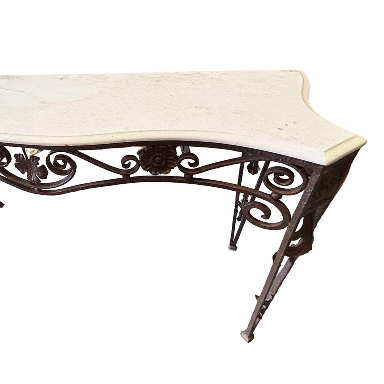 20th Century Neo-Gothic Bronze Colored Cast Iron Console w/ Carrara Marble Top