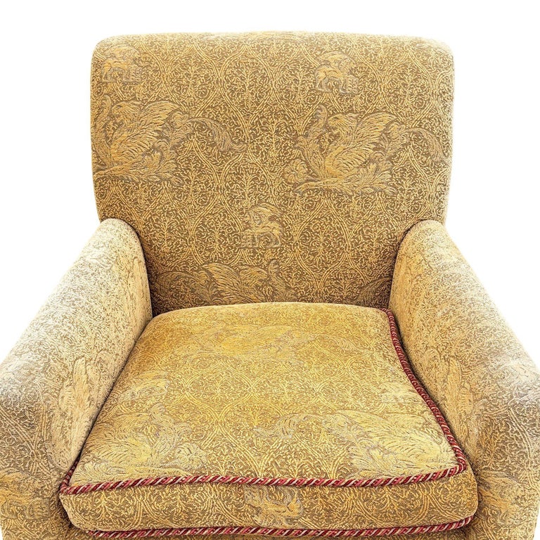 1990 Post Modern Saddle Bag Armchair Lounge w/ Yellow Foliage Pattern Upholstery
