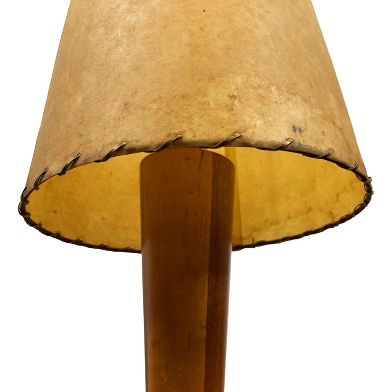 Yasha Heifetz Style Geometric Mid-century Oak Table Lamps w Whipple Stitch Shade