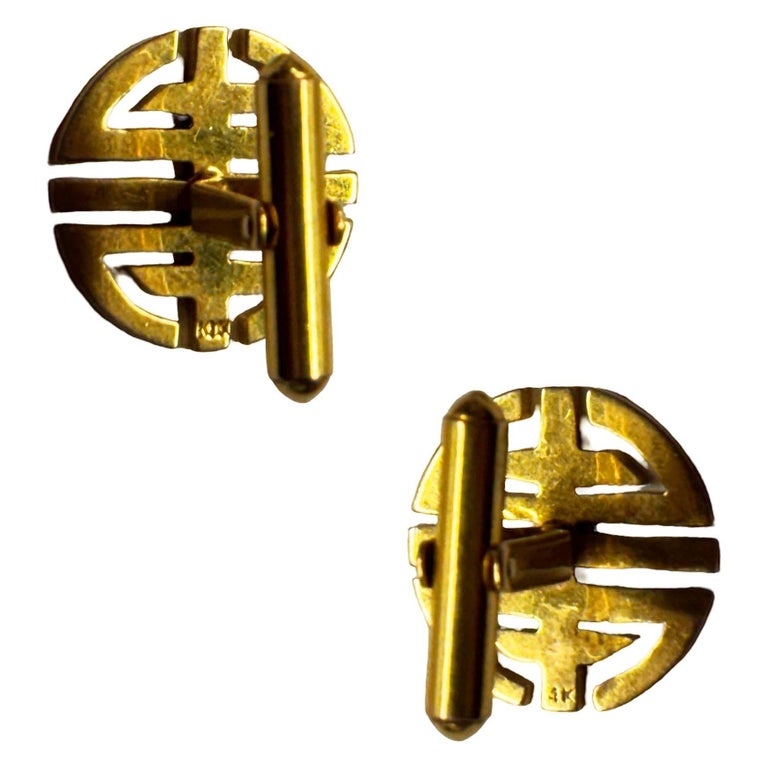 14k MCM Round Chinese "Longevity" Cufflinks Circle Cut Men's Cufflinks, Pair