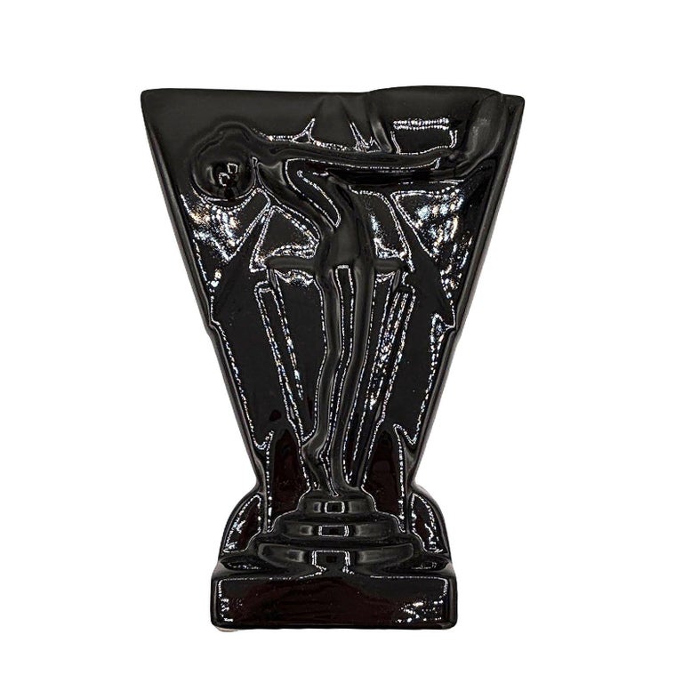 1985 Art Deco Black Pottery Vase Nude Figurine Sculpture Vase by Pelzman Design