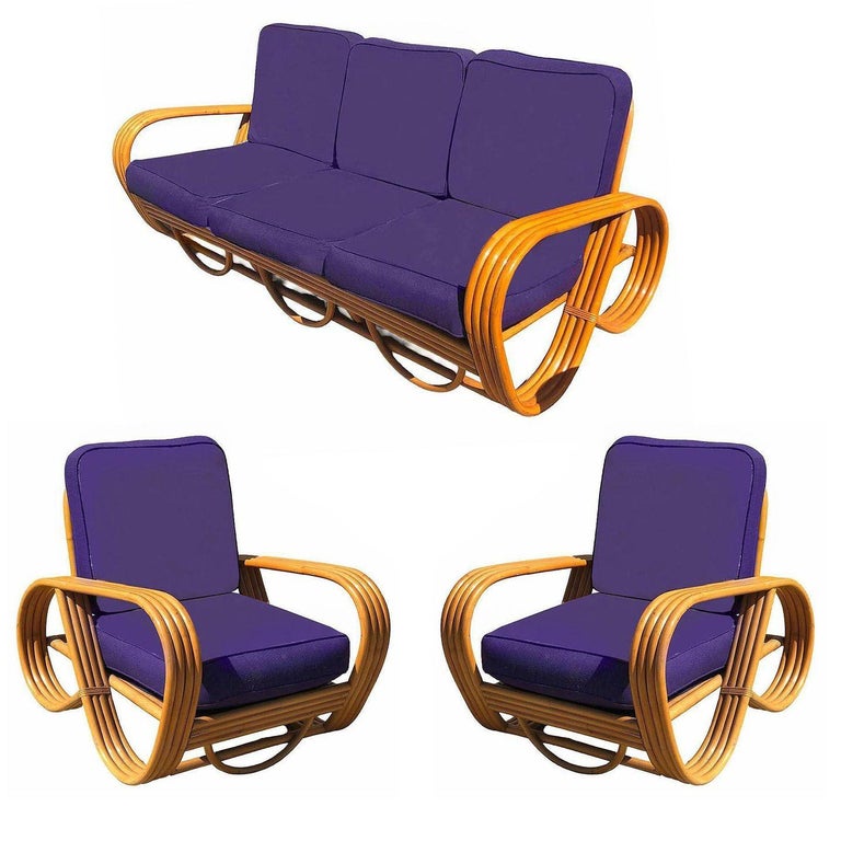 Restored MCM Rattan 4-Strand Reverse Pretzel Sofa & Lounge Chair Livingroom Set