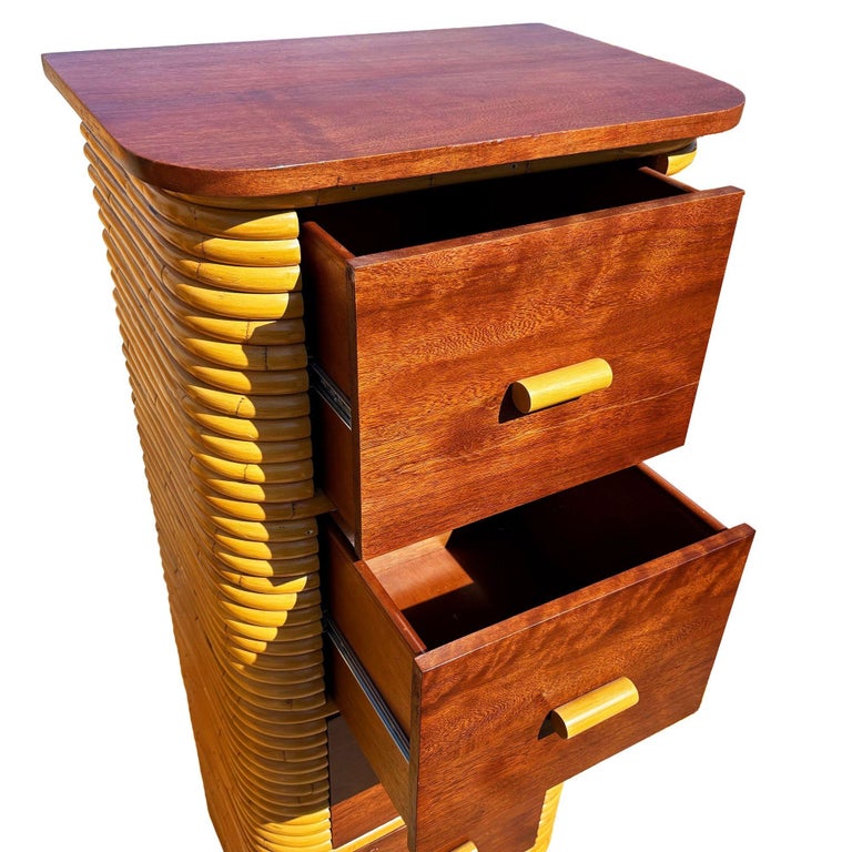 Restored Paul Frankl Style Stacked Rattan & Mahogany Petite Chest of 4 Drawers