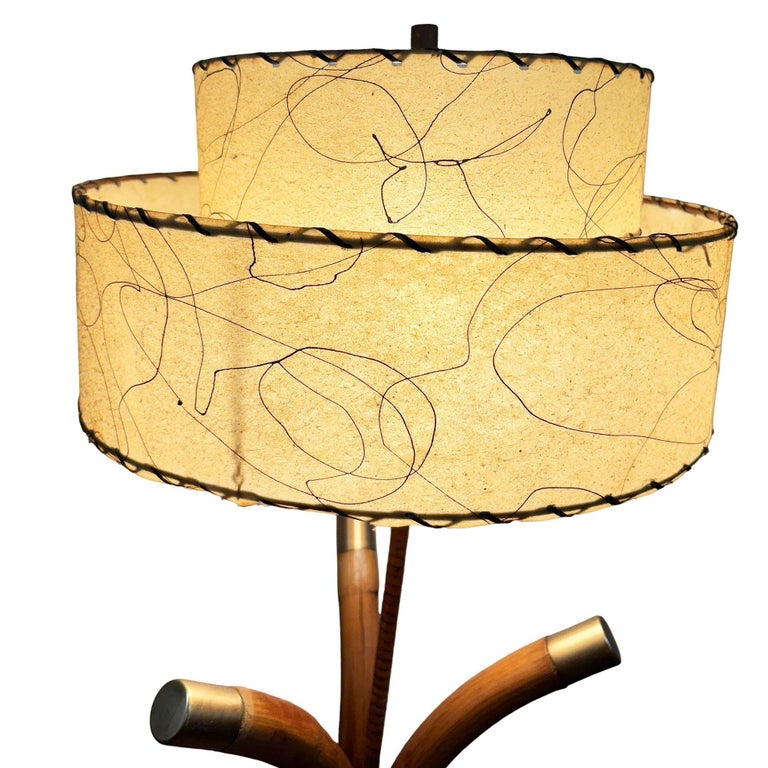 Restored Hourglass Palm Shaped Rattan & Mahogany Lamp w/ Whipple Stitch Shade