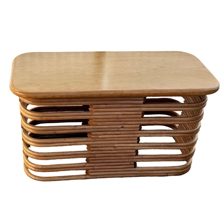 Restored Mid-century Mid-Century Stacked Rattan Side Drinks Table W/ Mahogany