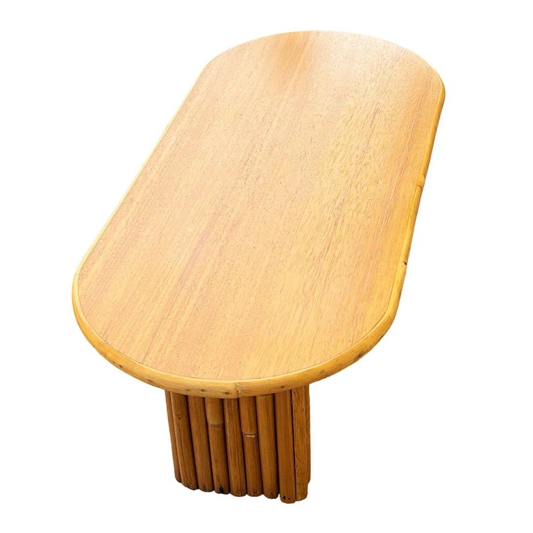 Restored Rattan & Koa Wood Oval Surfboard Coffee Table w/ Stacked Rattan Legs